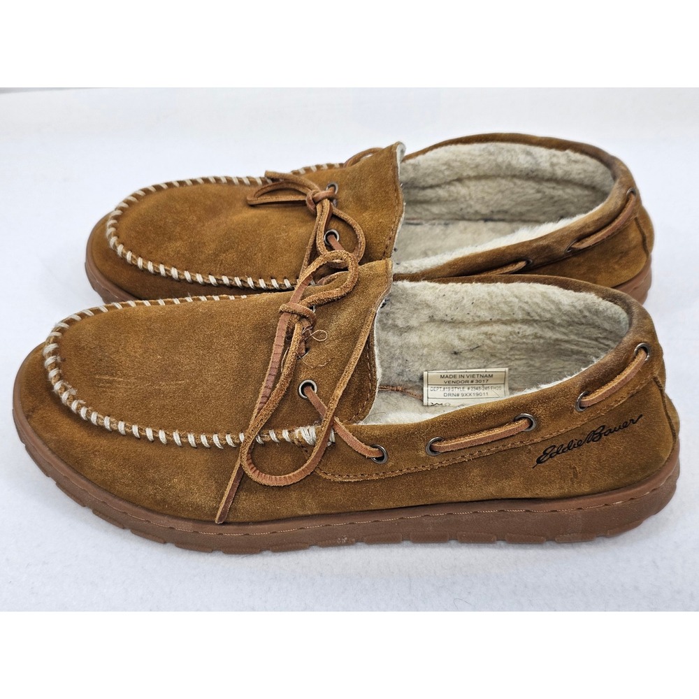 Eddie Bauer Mens Brown Suede Moccasin Slippers Fleece Lined Size 11